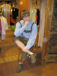 Doug in lederhosen, sitting